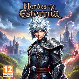 Video game cover art titled 'Héroes de Eternia', featuring a valiant hero with striking silver hair, standing boldly in the center