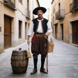 Sancho Panza, a character from Don Quixote, depicted in modern times. Traditionally dressed but interacting with common contemporary objects.