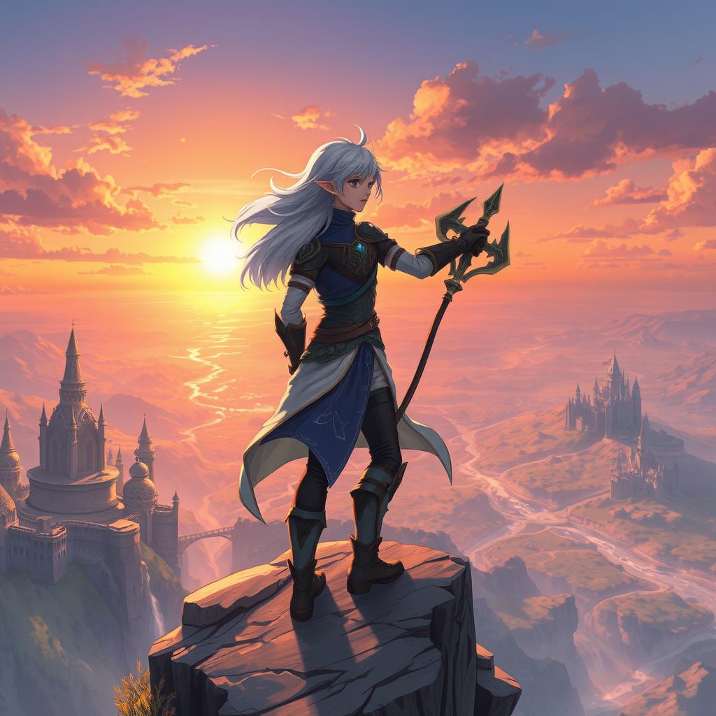 Overworld artwork of a hero with silver hair, standing heroically on a cliff overlooking a vast, magical landscape