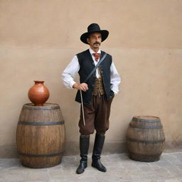 Sancho Panza, a character from Don Quixote, depicted in modern times. Traditionally dressed but interacting with common contemporary objects.