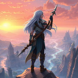 Overworld artwork of a hero with silver hair, standing heroically on a cliff overlooking a vast, magical landscape