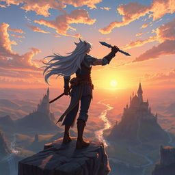 Overworld artwork of a hero with silver hair, standing heroically on a cliff overlooking a vast, magical landscape