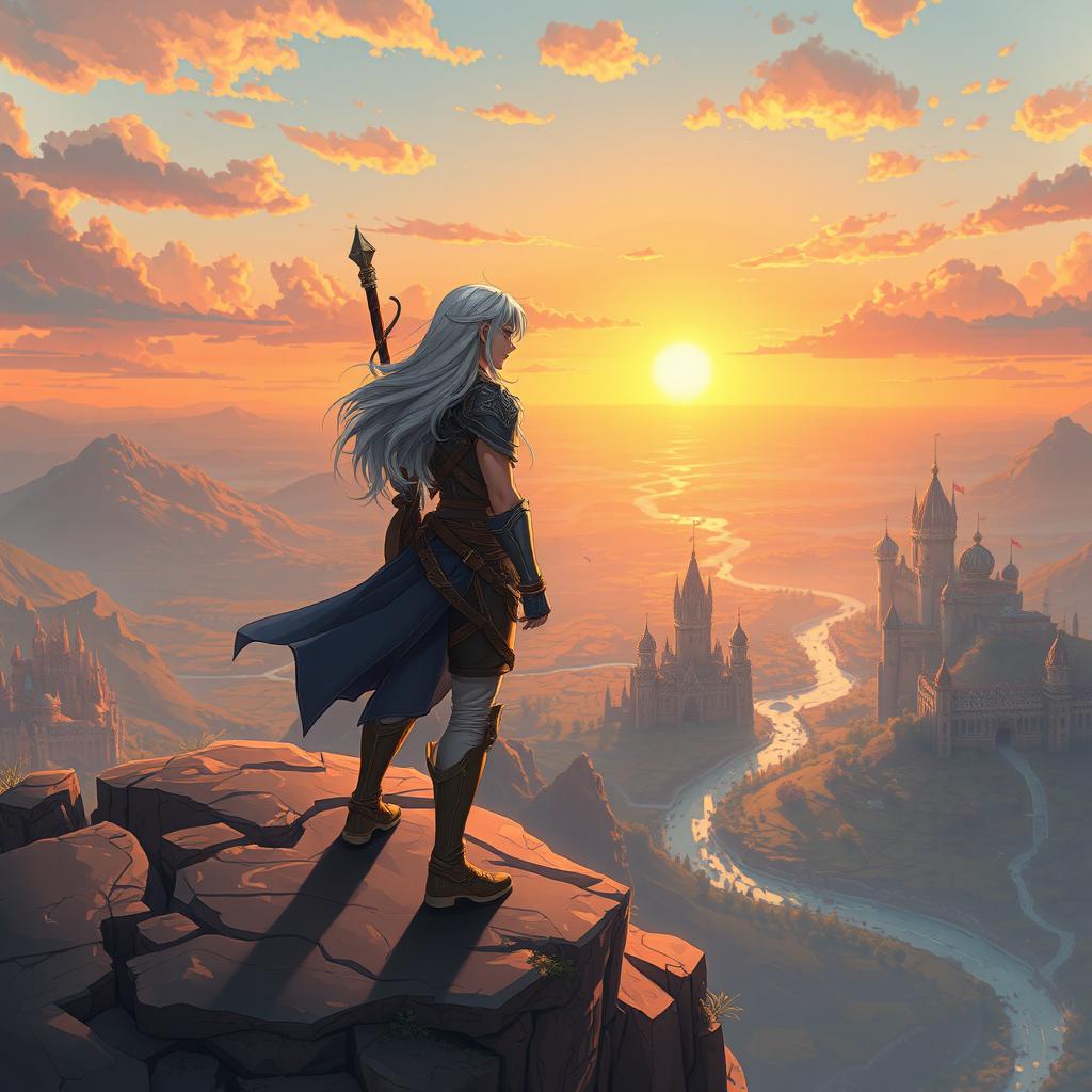 Overworld artwork of a hero with silver hair, standing heroically on a cliff overlooking a vast, magical landscape