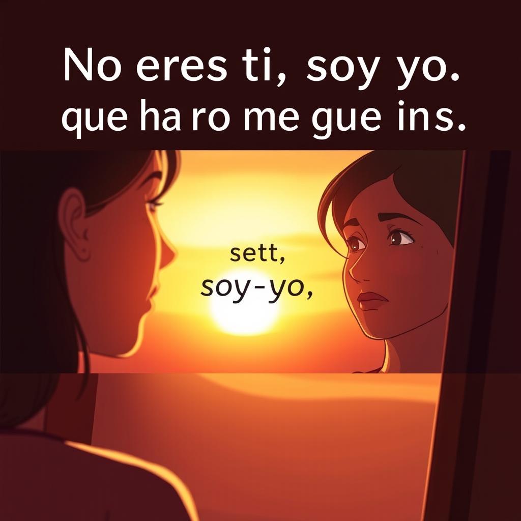 a dramatic and reflective YouTube thumbnail illustrating a person contemplating self-love and personal growth, with a text overlay saying 'No eres tú, soy yo, que ahora me quiero más'