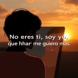 a dramatic and reflective YouTube thumbnail illustrating a person contemplating self-love and personal growth, with a text overlay saying 'No eres tú, soy yo, que ahora me quiero más'