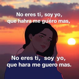 a dramatic and reflective YouTube thumbnail illustrating a person contemplating self-love and personal growth, with a text overlay saying 'No eres tú, soy yo, que ahora me quiero más'