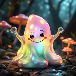 A fantastical slime monster, glistening with a translucent, gelatinous body that catches and reflects light in mesmerizing ways