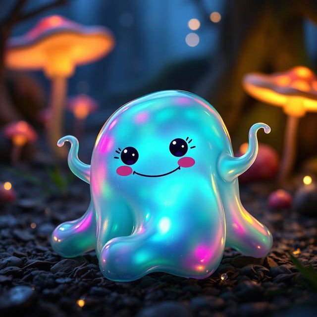 A fantastical slime monster, glistening with a translucent, gelatinous body that catches and reflects light in mesmerizing ways