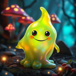 A fantastical slime monster, glistening with a translucent, gelatinous body that catches and reflects light in mesmerizing ways