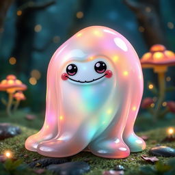 A fantastical slime monster, glistening with a translucent, gelatinous body that catches and reflects light in mesmerizing ways