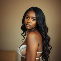 A 25-year-old woman from Mozambique wearing lingerie, with an elegant and sensual expression, highlighting her captivating and exotic beauty