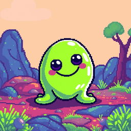 Pixel art of a charming slime monster with a playful and friendly appearance