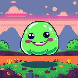 Pixel art of a charming slime monster with a playful and friendly appearance