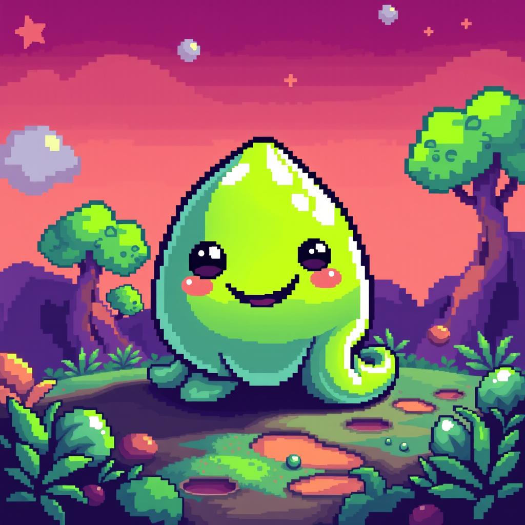 Pixel art of a charming slime monster with a playful and friendly appearance