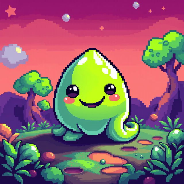 Pixel art of a charming slime monster with a playful and friendly appearance