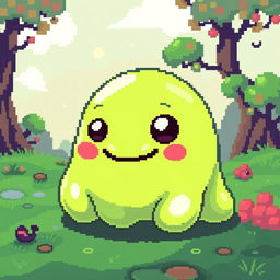 Pixel art of a charming slime monster with a playful and friendly appearance