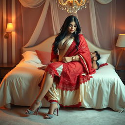 a romantic scene featuring a woman with a curvy figure, wearing a cream and red mekhela chadar and high heels, in a cozy and intimate setting with a man on a bed