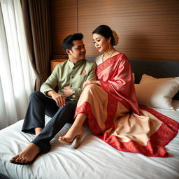 a romantic scene featuring an elegant Thai woman teacher with a curvy figure, wearing a cream and red mekhela chadar and high heels, sitting closely with a male adult student on a bed