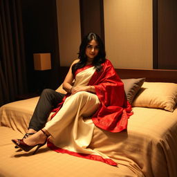 a romantic scene featuring an elegant Thai woman teacher with a curvy figure, wearing a cream and red mekhela chadar and high heels, sitting closely with a male adult student on a bed