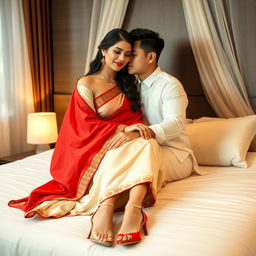 a romantic scene featuring an elegant Thai woman teacher with a curvy figure, wearing a cream and red mekhela chadar and high heels, sitting closely with a male adult student on a bed