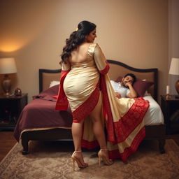 a romantic scene featuring a woman with a curvy figure, wearing a cream and red mekhela chadar and high heels, in a cozy intimate setting with a man on a bed