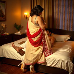 a romantic scene featuring a woman with a curvy figure, wearing a cream and red mekhela chadar and high heels, in a cozy intimate setting with a man on a bed