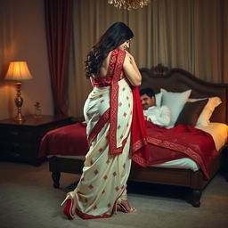 a romantic scene featuring a woman with a curvy figure, wearing a cream and red mekhela chadar and high heels, in a cozy intimate setting with a man on a bed