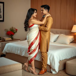 a romantic and sophisticated scene featuring a Thai woman with a curvy figure, wearing a cream and red mekhela chadar and high heels