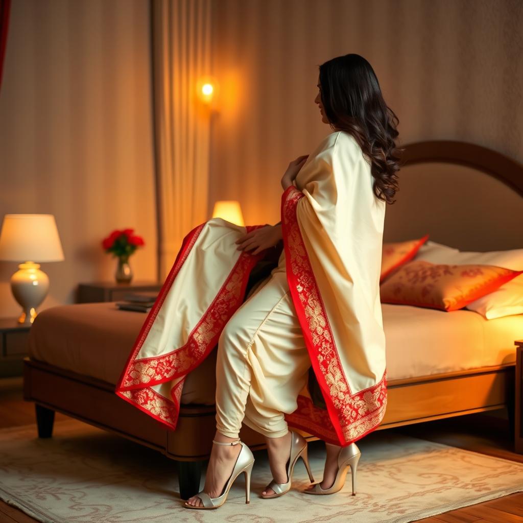 a romantic and sophisticated scene featuring a Thai woman with a curvy figure, wearing a cream and red mekhela chadar and high heels