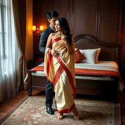 a romantic and sophisticated scene featuring a Thai woman with a curvy figure, wearing a cream and red mekhela chadar and high heels