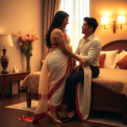 a romantic and sophisticated scene featuring a Thai woman with a curvy figure, wearing a cream and red mekhela chadar and high heels