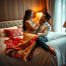 an intimate and romantic scene featuring a glamorous Thai woman with a voluptuous figure, dressed in a luxurious cream and red mekhela chadar and high heels, engaging in a tender moment with an adult male student on a bed