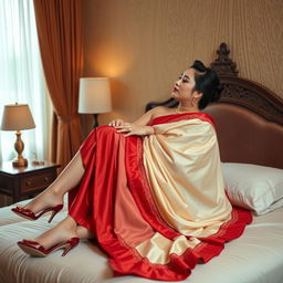 an intimate and romantic scene featuring a glamorous Thai woman with a voluptuous figure, dressed in a luxurious cream and red mekhela chadar and high heels, engaging in a tender moment with an adult male student on a bed