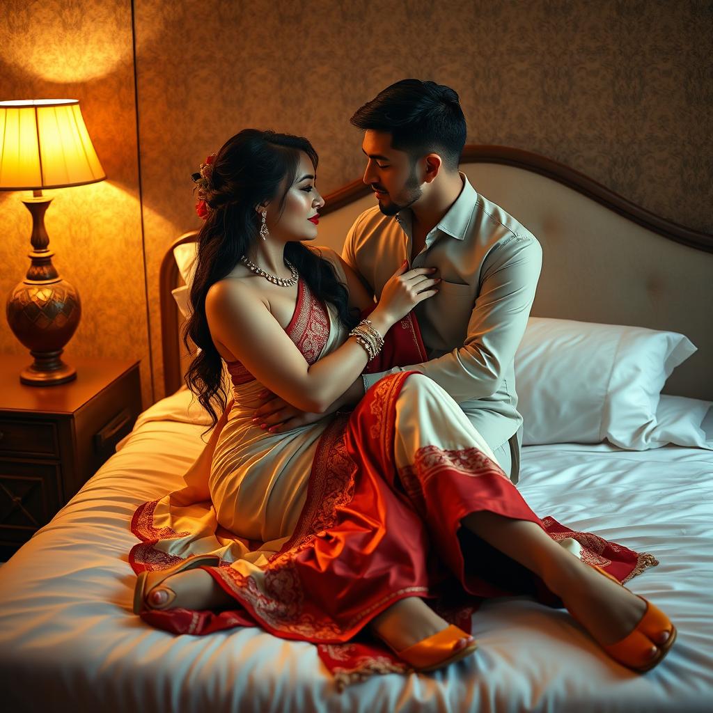 an intimate and romantic scene featuring a glamorous Thai woman with a voluptuous figure, dressed in a luxurious cream and red mekhela chadar and high heels, engaging in a tender moment with an adult male student on a bed