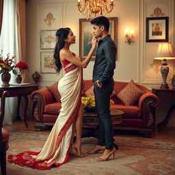 a sensual and romantic scene featuring a Thai woman with an alluring figure, adorned in a gorgeous cream and red mekhela chadar and striking high heels, sharing an intimate moment with an adult male student in a beautifully decorated room