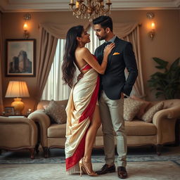 a sensual and romantic scene featuring a Thai woman with an alluring figure, adorned in a gorgeous cream and red mekhela chadar and striking high heels, sharing an intimate moment with an adult male student in a beautifully decorated room