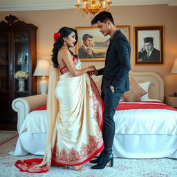 a sensual and romantic scene featuring a Thai woman with an alluring figure, adorned in a gorgeous cream and red mekhela chadar and striking high heels, sharing an intimate moment with an adult male student in a beautifully decorated room