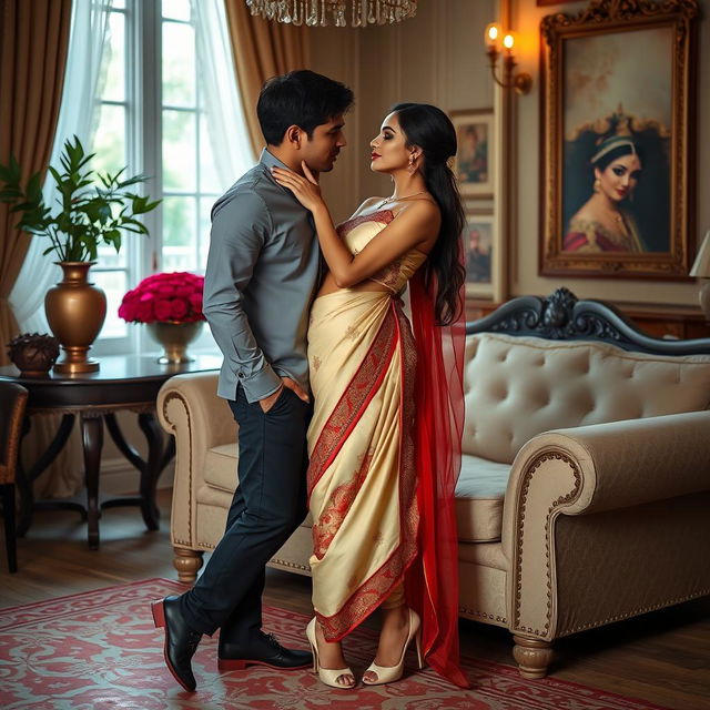 a sensual and romantic scene featuring a Thai woman with an alluring figure, adorned in a gorgeous cream and red mekhela chadar and striking high heels, sharing an intimate moment with an adult male student in a beautifully decorated room