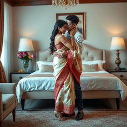 a romantic and tasteful scene featuring a Thai woman with a sexy, curvy figure, adorned in a beautiful cream and red mekhela chadar and high heels