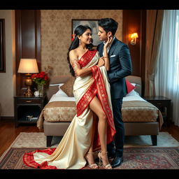 a romantic and tasteful scene featuring a Thai woman with a sexy, curvy figure, adorned in a beautiful cream and red mekhela chadar and high heels