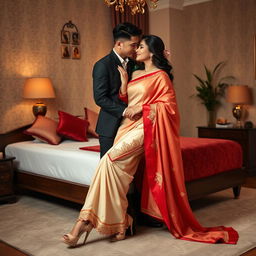 a romantic and tasteful scene featuring a Thai woman with a sexy, curvy figure, adorned in a beautiful cream and red mekhela chadar and high heels