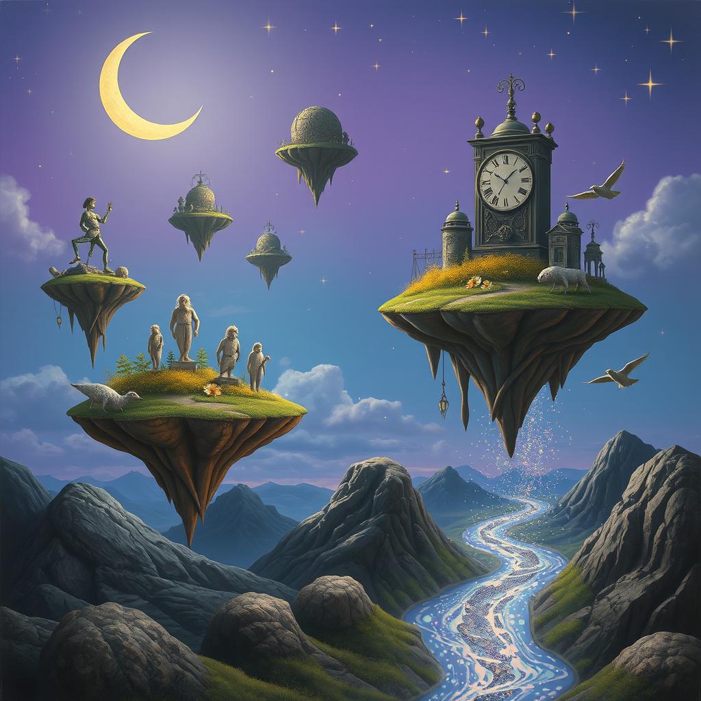 A surreal scene depicting dreams in fragments, with floating islands of various sizes hovering in an ethereal sky