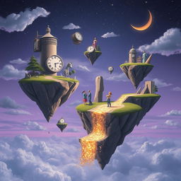 A surreal scene depicting dreams in fragments, with floating islands of various sizes hovering in an ethereal sky