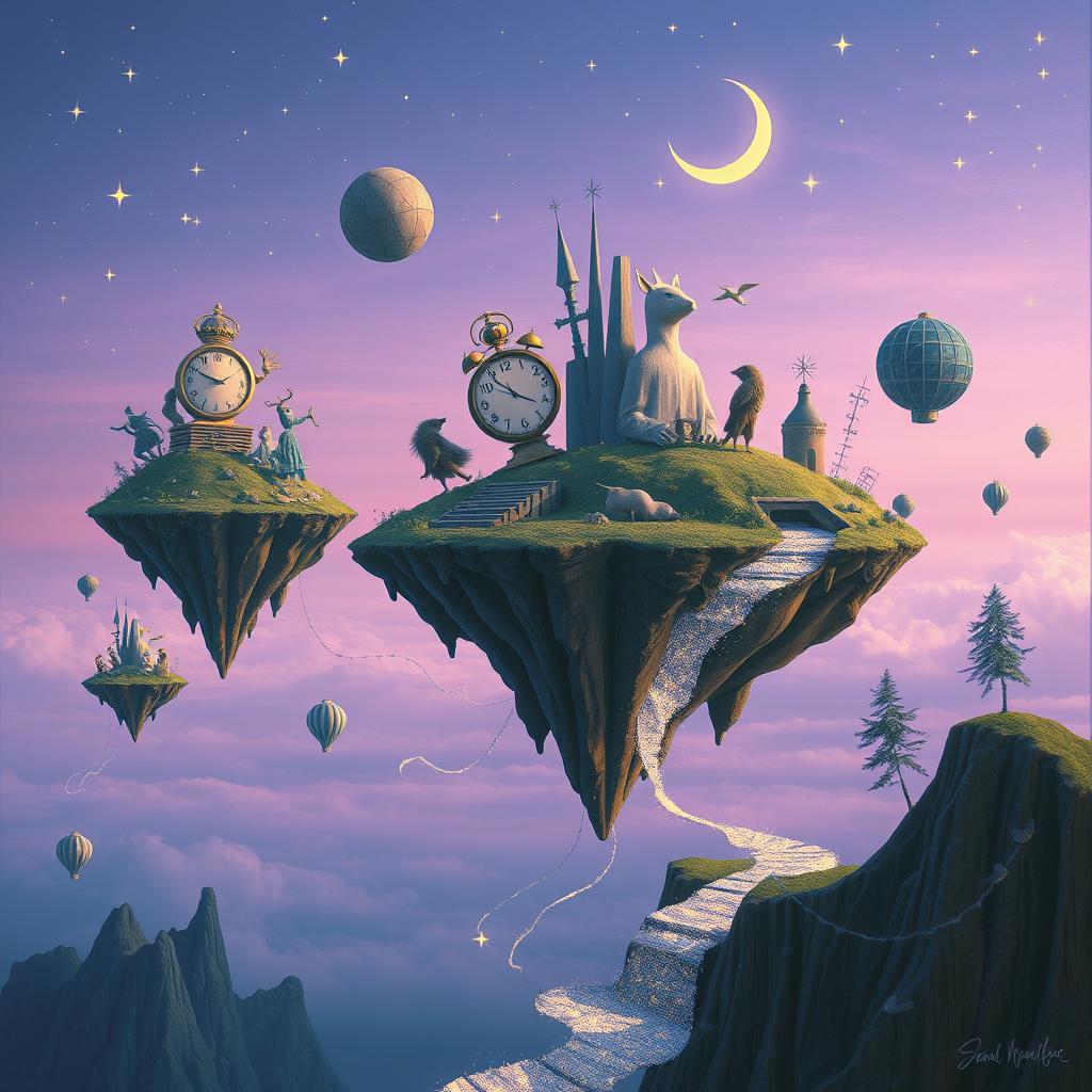 A surreal scene depicting dreams in fragments, with floating islands of various sizes hovering in an ethereal sky