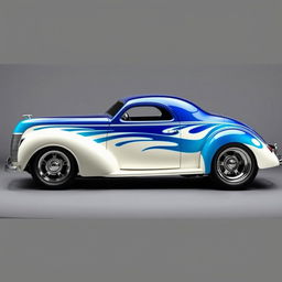 A custom 1939 Chevy Coupe supercar with a widebody design, featuring striking blue and white racing stripes