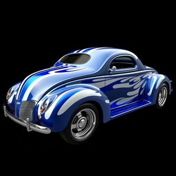 A custom 1939 Chevy Coupe supercar with a widebody design, featuring striking blue and white racing stripes