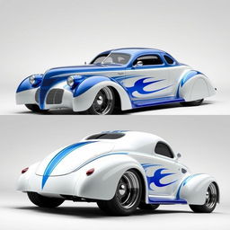 A custom 1939 Chevy Coupe supercar with a widebody design, featuring striking blue and white racing stripes