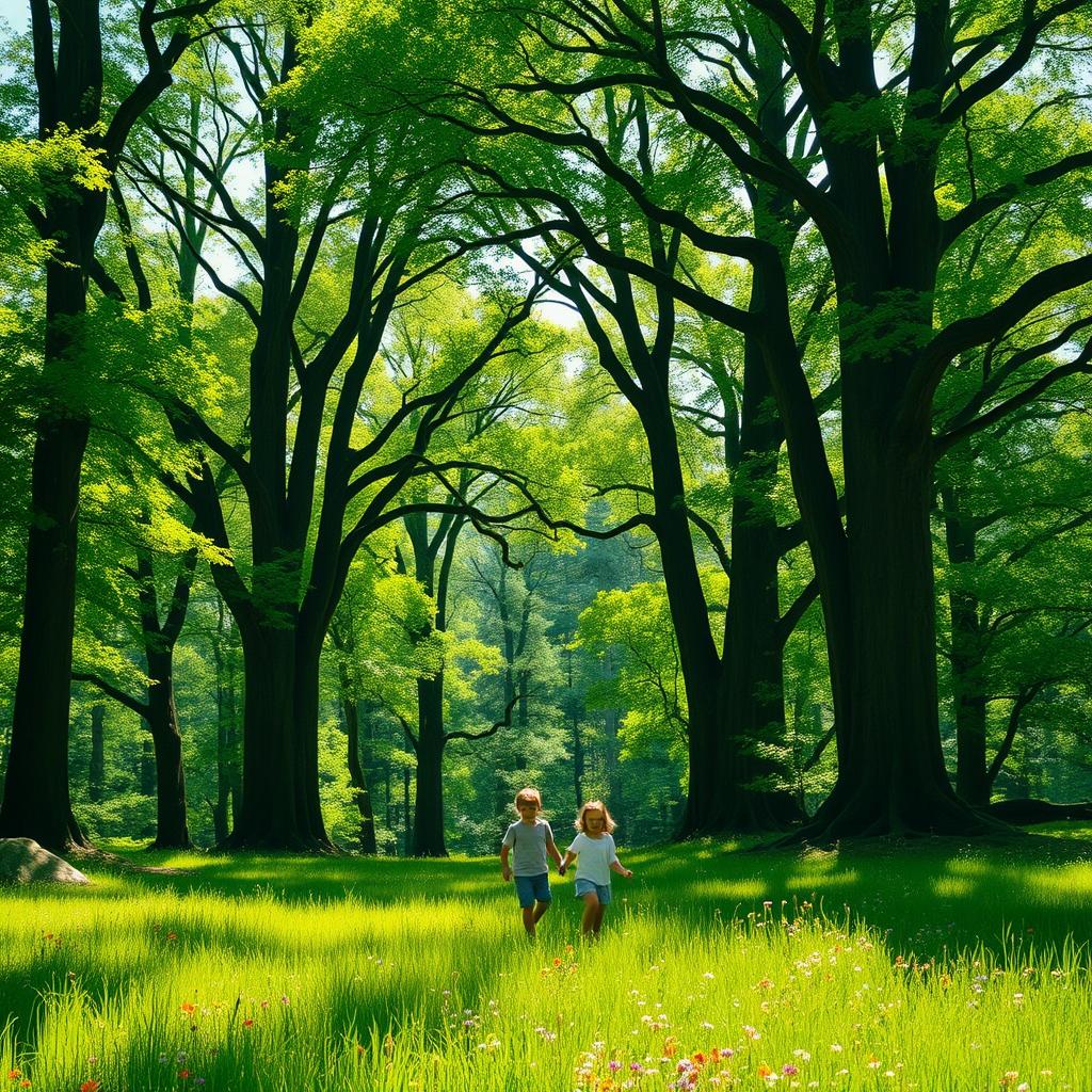 A serene scene depicting children emerging from a lush forest in the distance