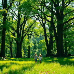 A serene scene depicting children emerging from a lush forest in the distance