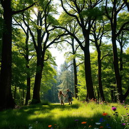 A serene scene depicting children emerging from a lush forest in the distance